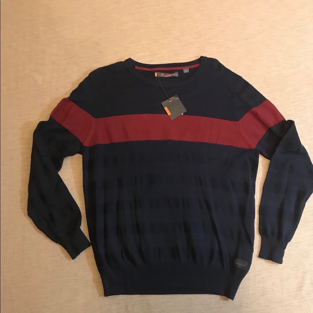 Ben Sherman Navy Burgundy Cotton Knit Sweater